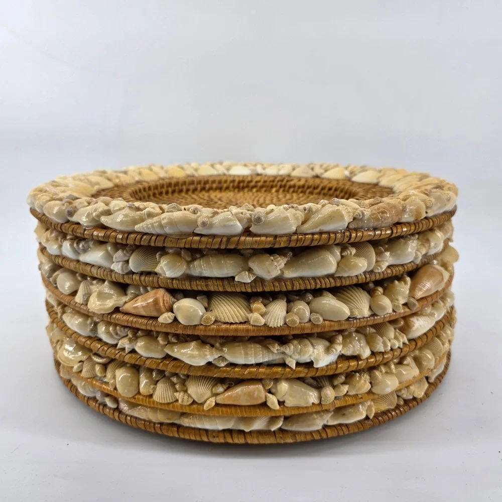 Rattan Seashell Charger Plates Woven Coastal Beach Table Decor Set 6 Retired